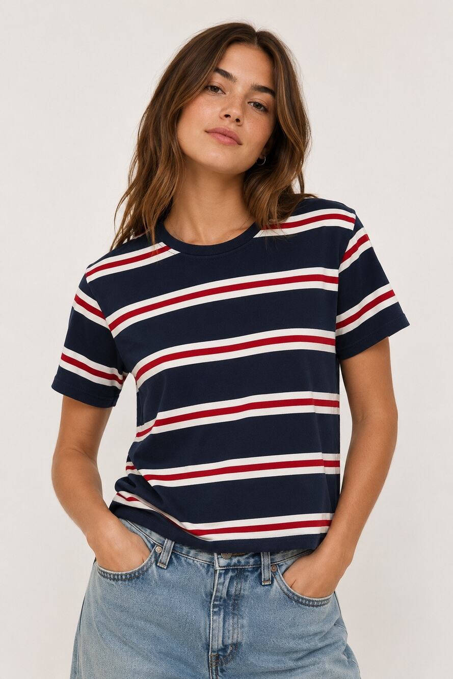 John Galt Navy Striped Cotton Tee | Red White Stripe Short Sleeve Crewneck Top